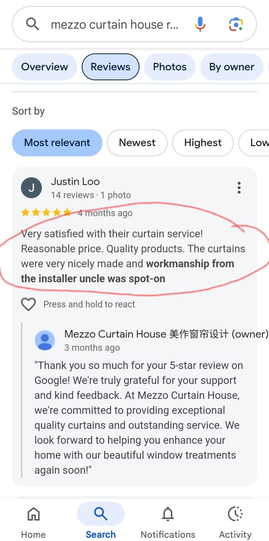 Mezzo Curtain House Google review screenshot 2