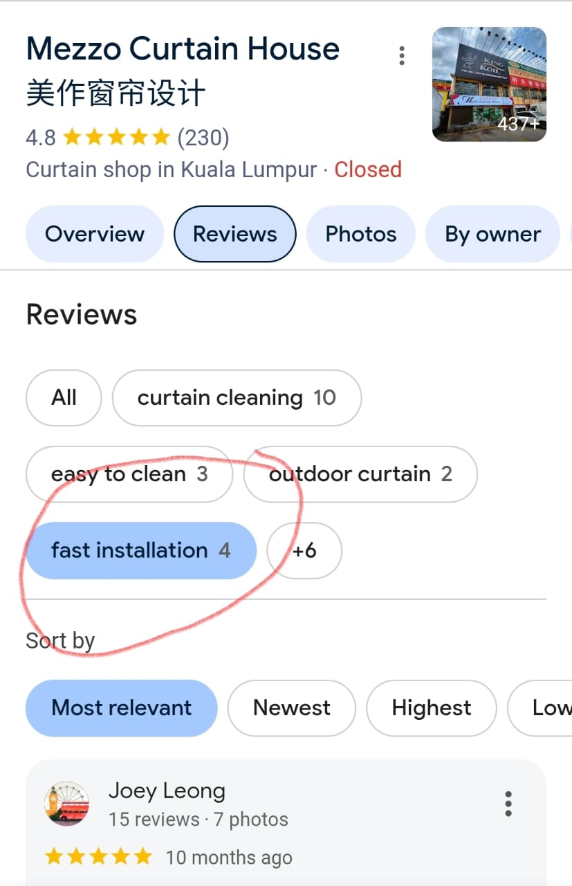 Mezzo Curtain House Google review screenshot 4
