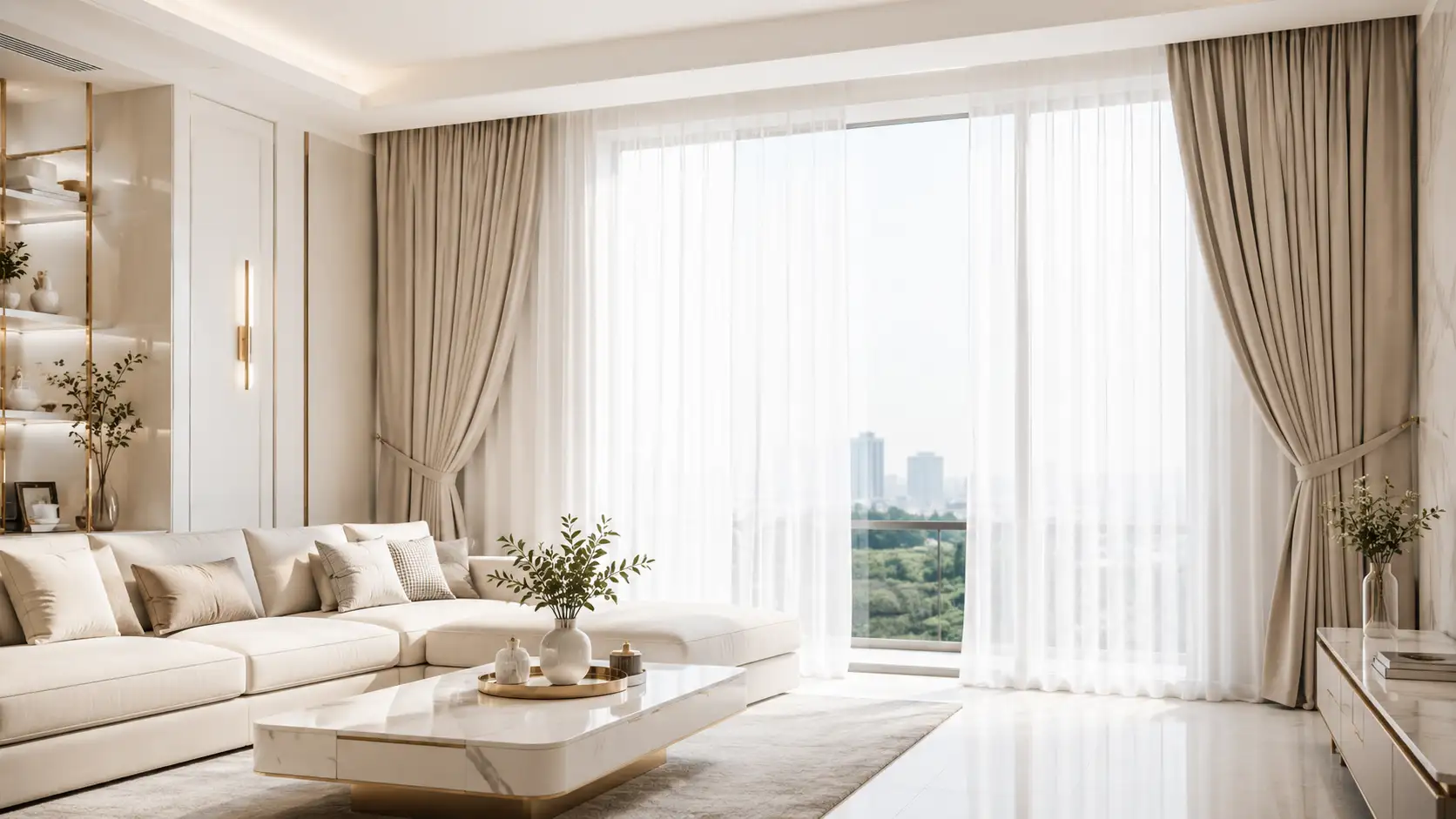 Elegant living room with tailor-made curtains and sheers