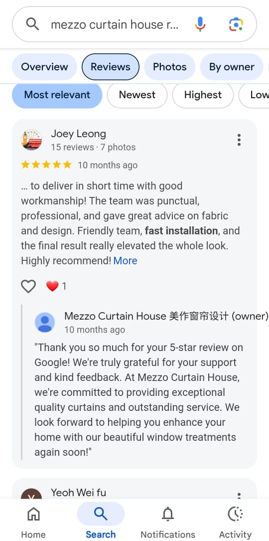 Mezzo Curtain House Google review screenshot 3